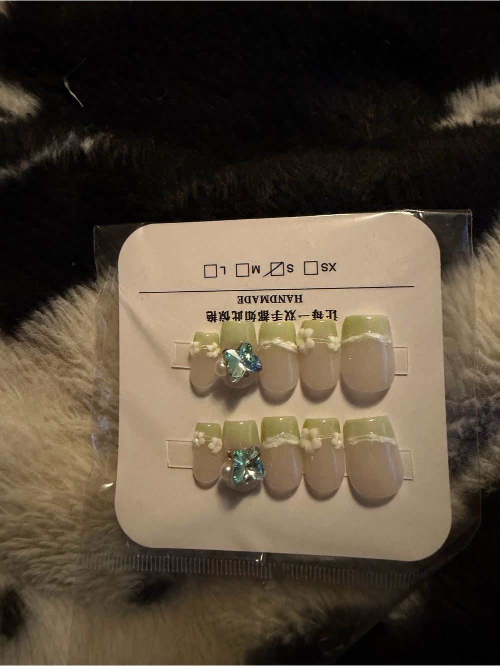 Handmade Green Ombre Press-On Nail Set with Floral Accents